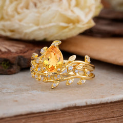 Nature-Inspired Leaf Pear Cut Citrine Ring Set-2pc