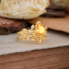 Nature-Inspired Leaf Pear Cut Citrine Ring Set-2pc