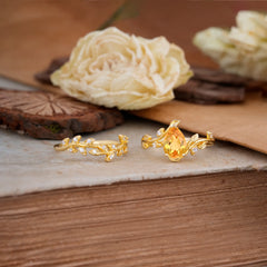 Nature-Inspired Leaf Pear Cut Citrine Ring Set-2pc