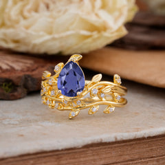Nature-Inspired Leaf Pear Cut Tanzanite Ring Set-2pc