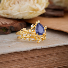 Nature-Inspired Leaf Pear Cut Tanzanite Ring Set-2pc