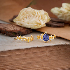 Nature-Inspired Leaf Pear Cut Tanzanite Ring Set-2pc