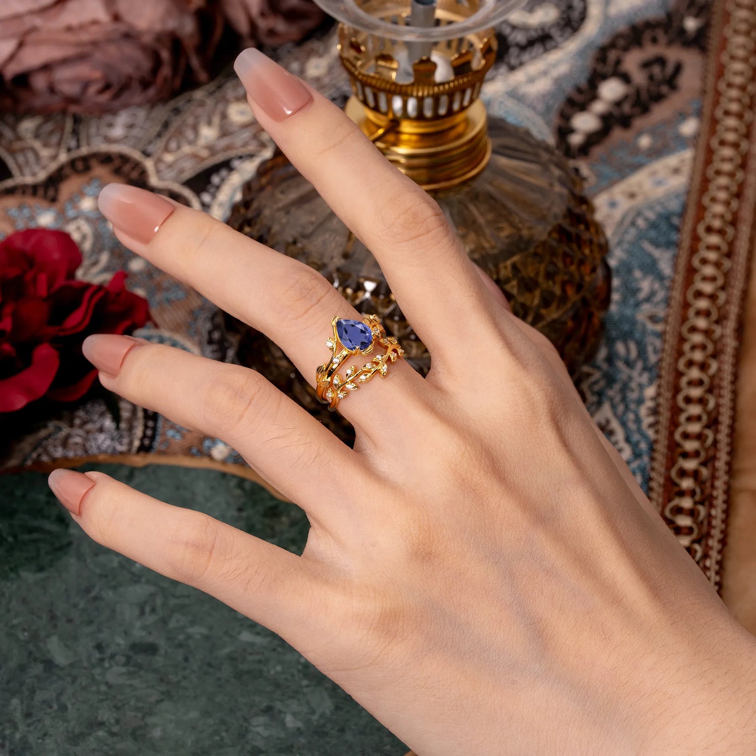 Nature-Inspired Leaf Pear Cut Tanzanite Bridal Ring Set - Romalar Jewelry