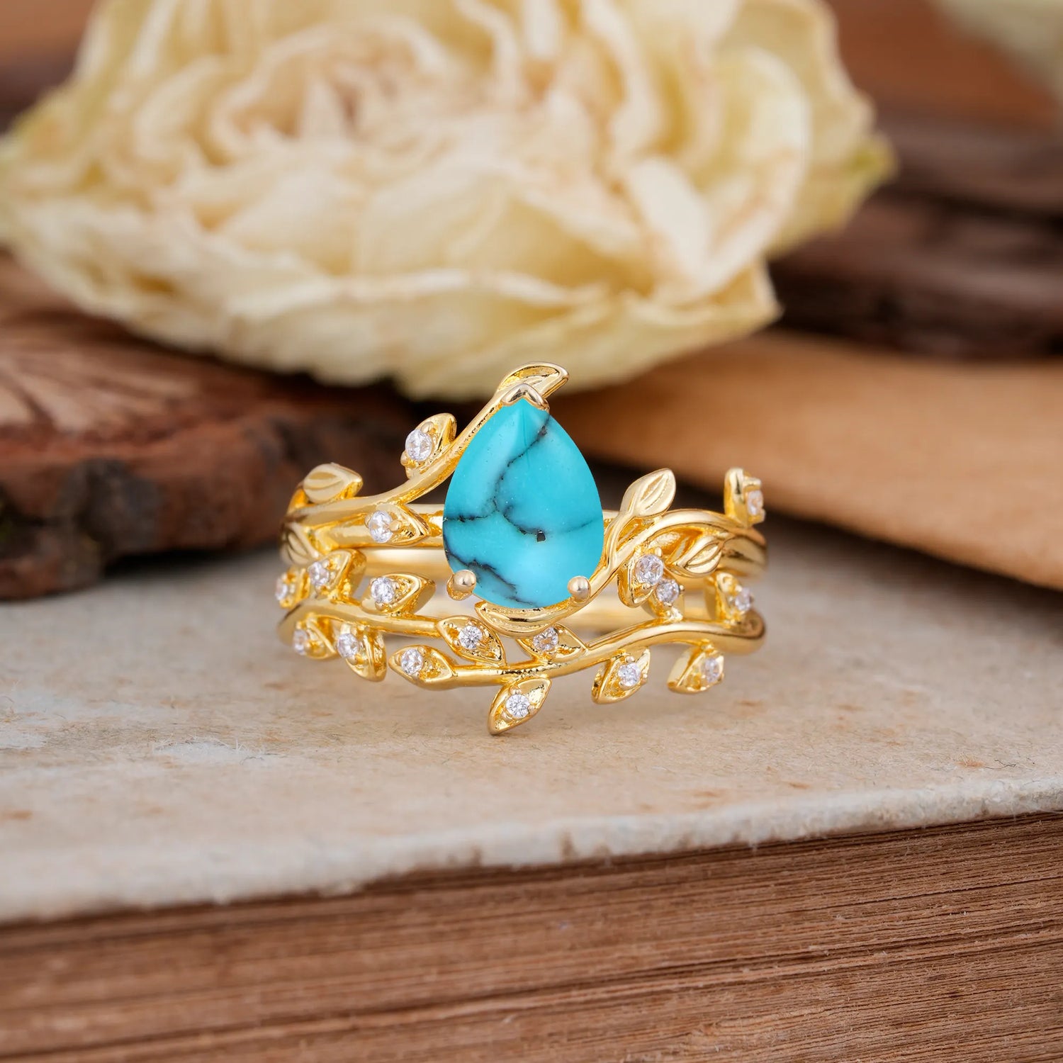 Nature-Inspired Leaf Pear Cut Turquoise Bridal Ring Set