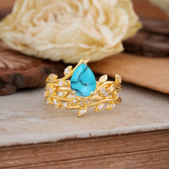 Nature-Inspired Leaf Pear Cut Turquoise Ring Set-2pc