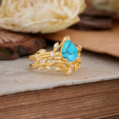Nature-Inspired Leaf Pear Cut Turquoise Ring Set-2pc