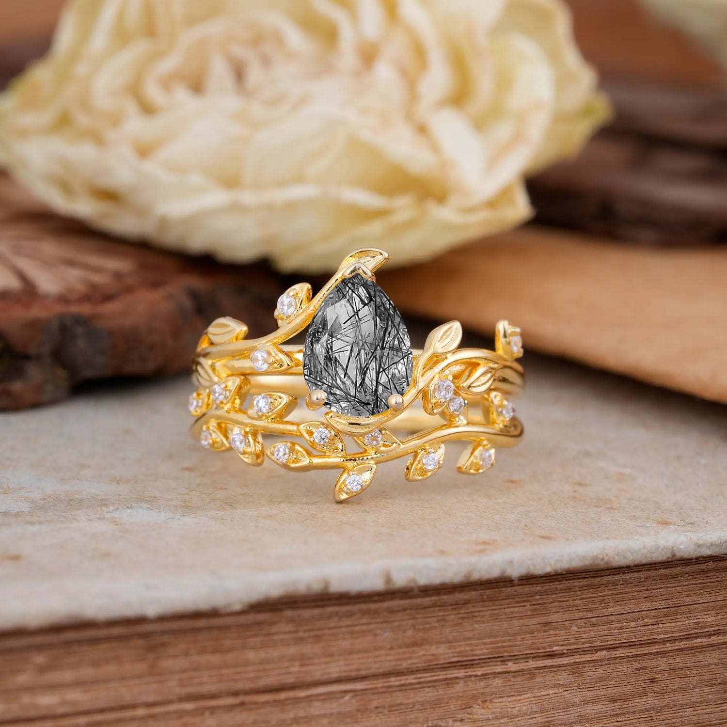 Nature-Inspired Leaf Pear Cut Black Rutilated Quartze Bridal Ring Set