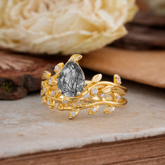 Nature-Inspired Leaf Pear Cut Black Rutilated Quartze Ring Set-2pc