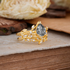 Nature-Inspired Leaf Pear Cut Black Rutilated Quartze Ring Set-2pc