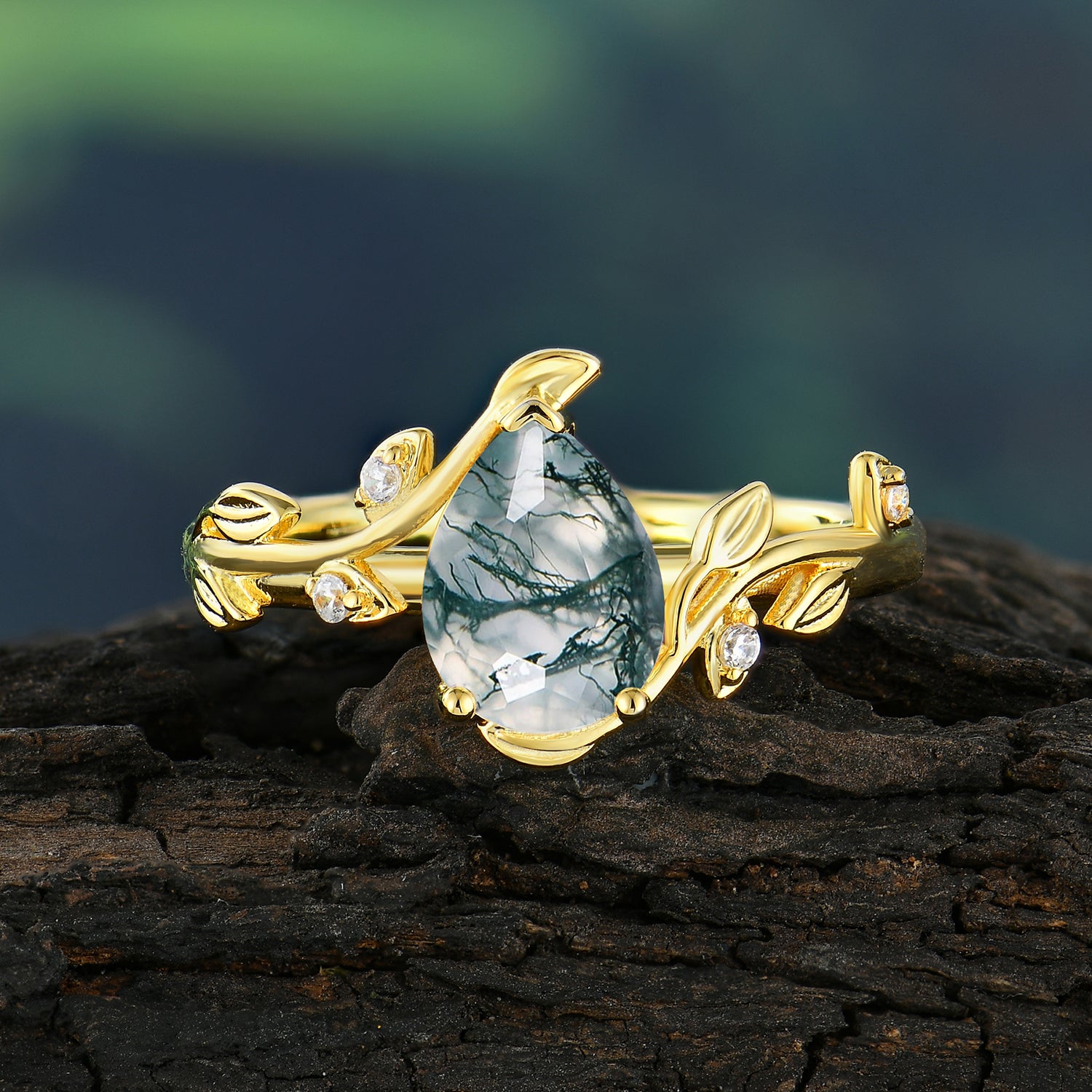 Pear Shaped Natural Moss Agate Ring for Engagement Ring