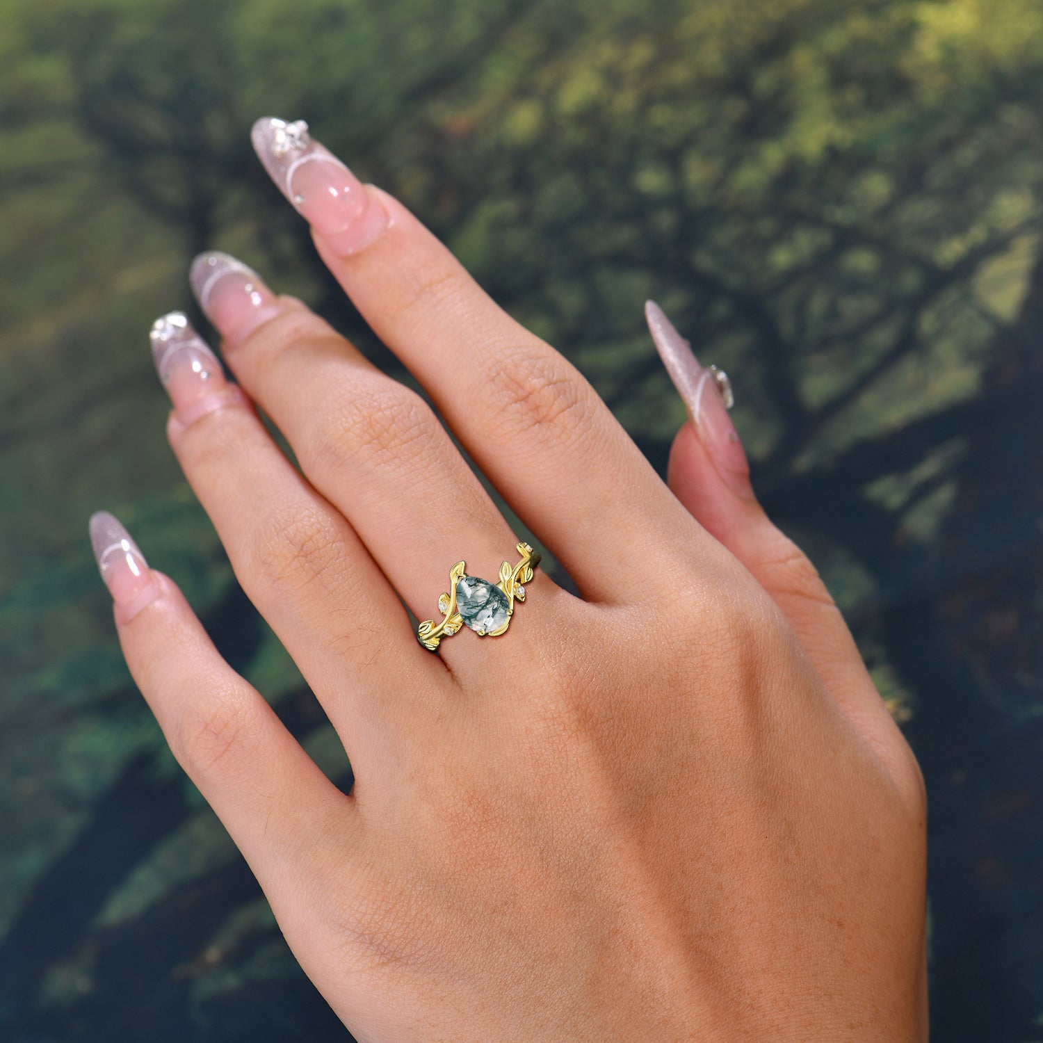 Pear Shaped Natural Moss Agate Ring for Engagement Ring