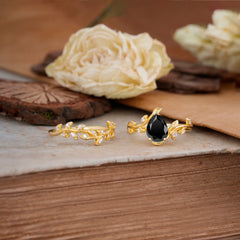 Nature-Inspired Leaf Pear Cut Black Onyx Ring Set-2pc