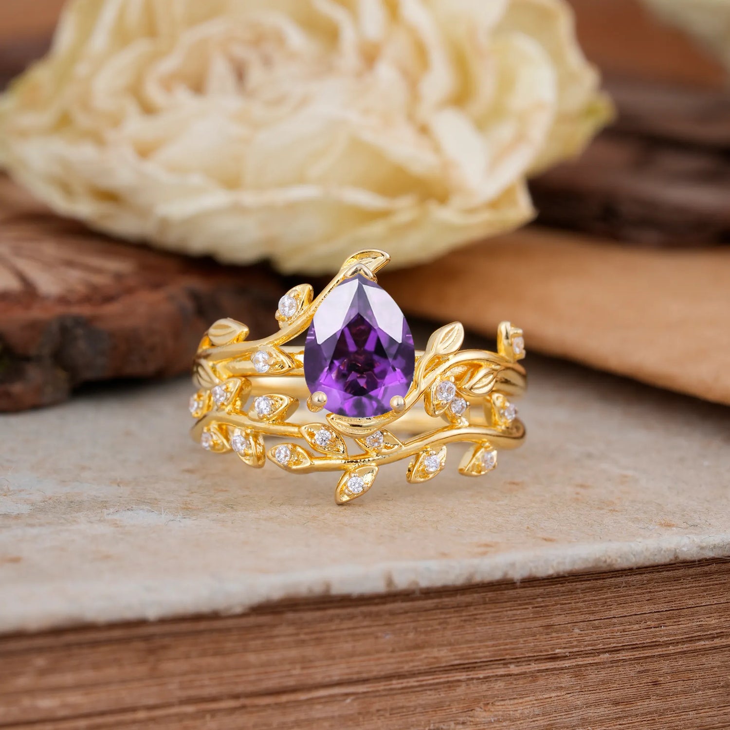 Nature-Inspired Leaf Pear Cut Amethyst Bridal Ring Set