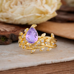 Nature-Inspired Leaf Pear Cut Amethyst Ring Set-2pc