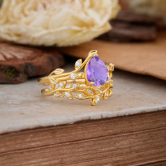 Nature-Inspired Leaf Pear Cut Amethyst Ring Set-2pc