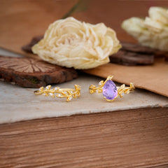 Nature-Inspired Leaf Pear Cut Amethyst Ring Set-2pc