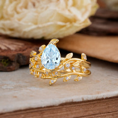 Nature-Inspired Leaf Pear Cut Aquamarine Ring Set-2pc