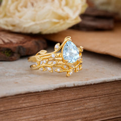 Nature-Inspired Leaf Pear Cut Aquamarine Ring Set-2pc