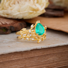 Nature-Inspired Leaf Pear Cut Emerald Ring Set-2pc