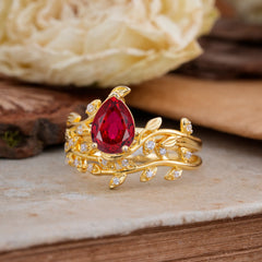 Nature-Inspired Leaf Pear Cut Ruby Ring Set-2pc