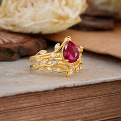 Nature-Inspired Leaf Pear Cut Ruby Ring Set-2pc