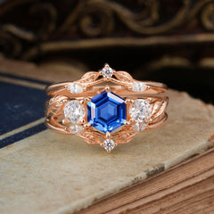 Natural Inspiration Luxury Botanical Hexagon Cut Sapphire Engagement Ring Suite