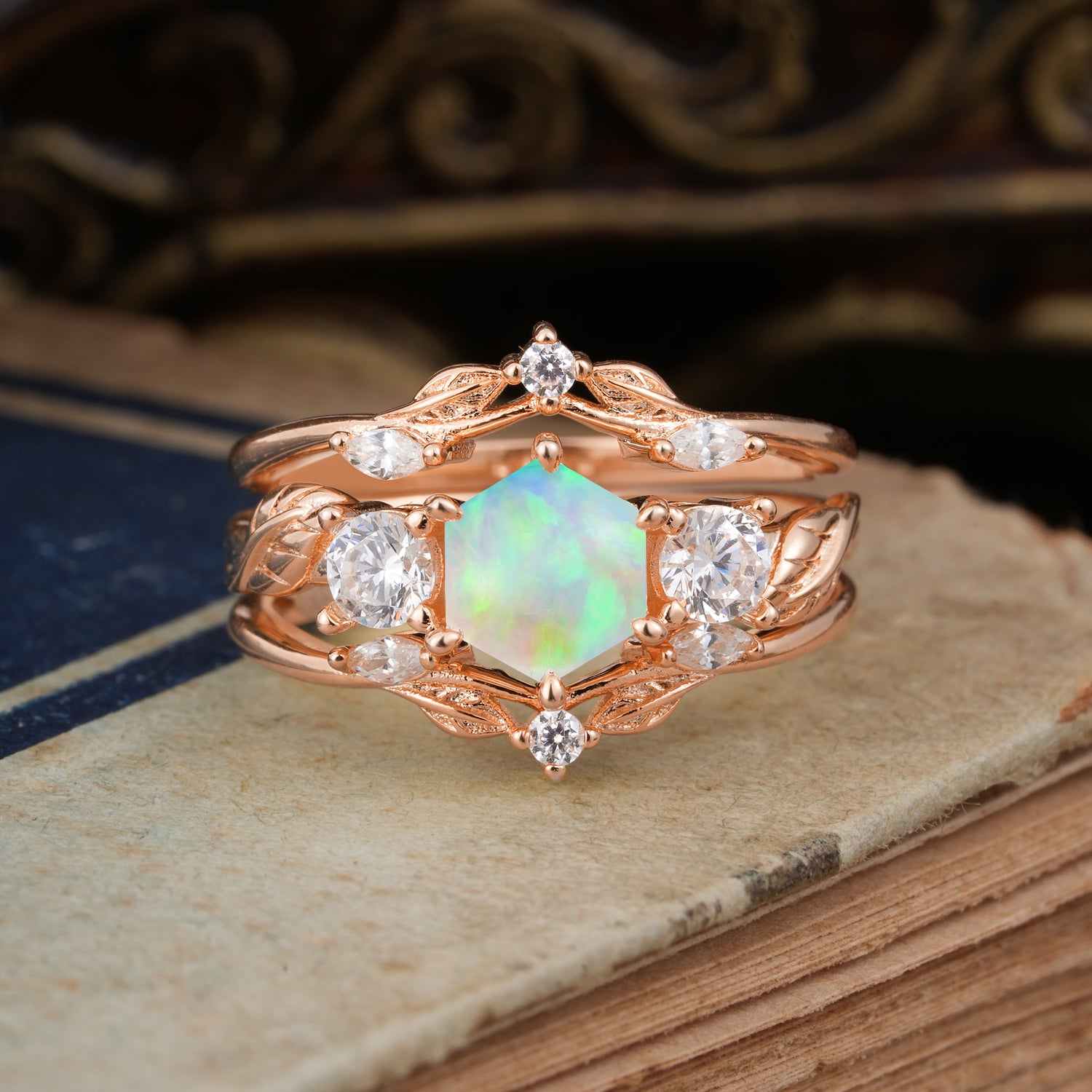 Natural Inspiration Luxury Botanical Hexagon Cut Opal Bridal Ring Set