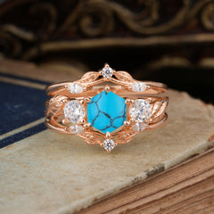 Natural Inspiration Luxury Botanical Hexagon Cut Turquoise Engagement Ring Suite