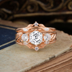 Natural Inspiration Luxury Botanical Hexagon Cut Lab Diamond Engagement Ring Suite