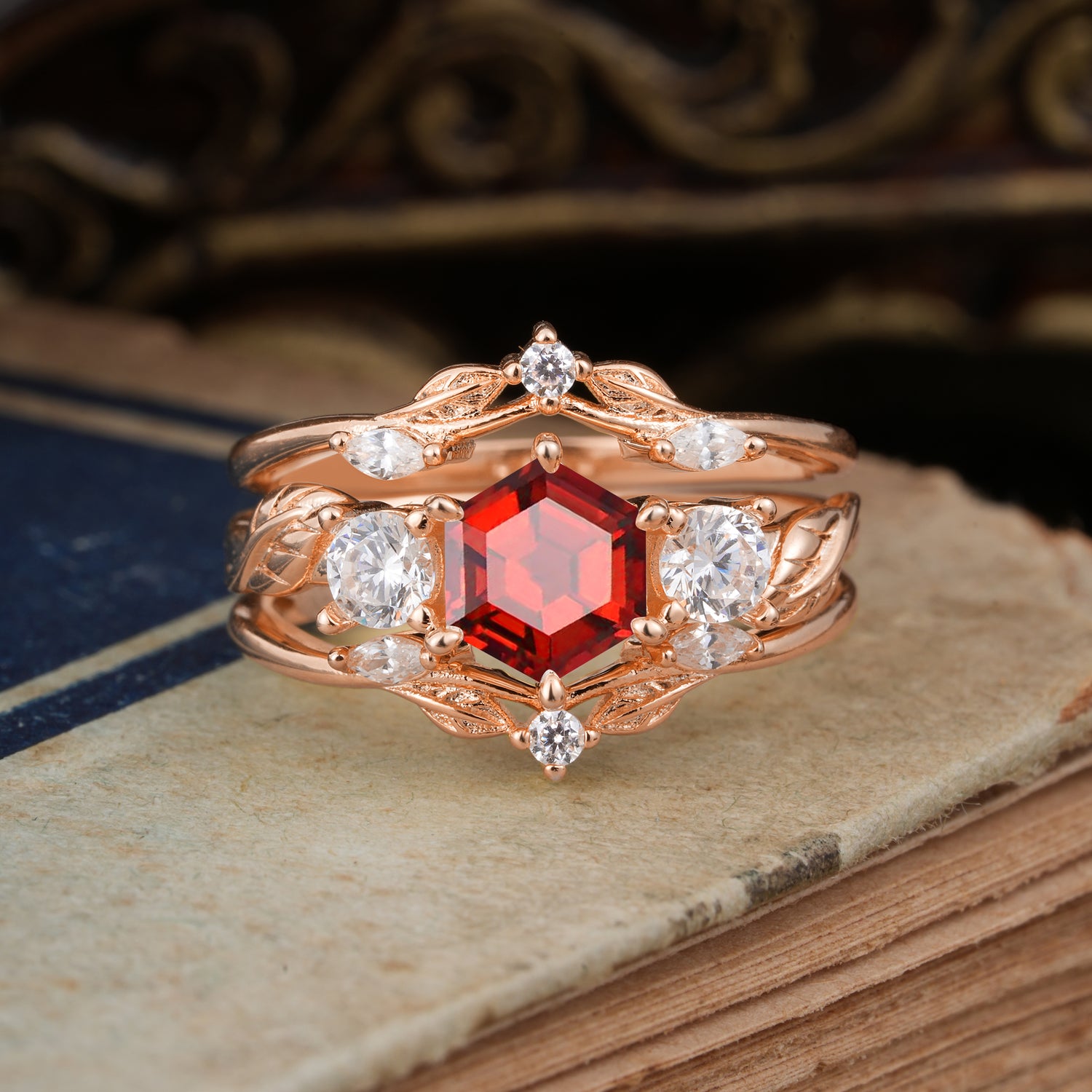 Natural Inspiration Luxury Botanical Hexagon Cut Garnet Bridal Ring Set