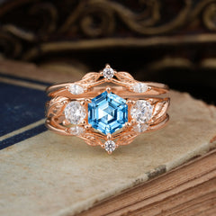 Natural Inspiration Luxury Botanical Hexagon Cut Aquamarine Engagement Ring Suite