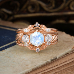 Natural Inspiration Luxury Botanical Hexagon Cut Moonstone Engagement Ring Suite