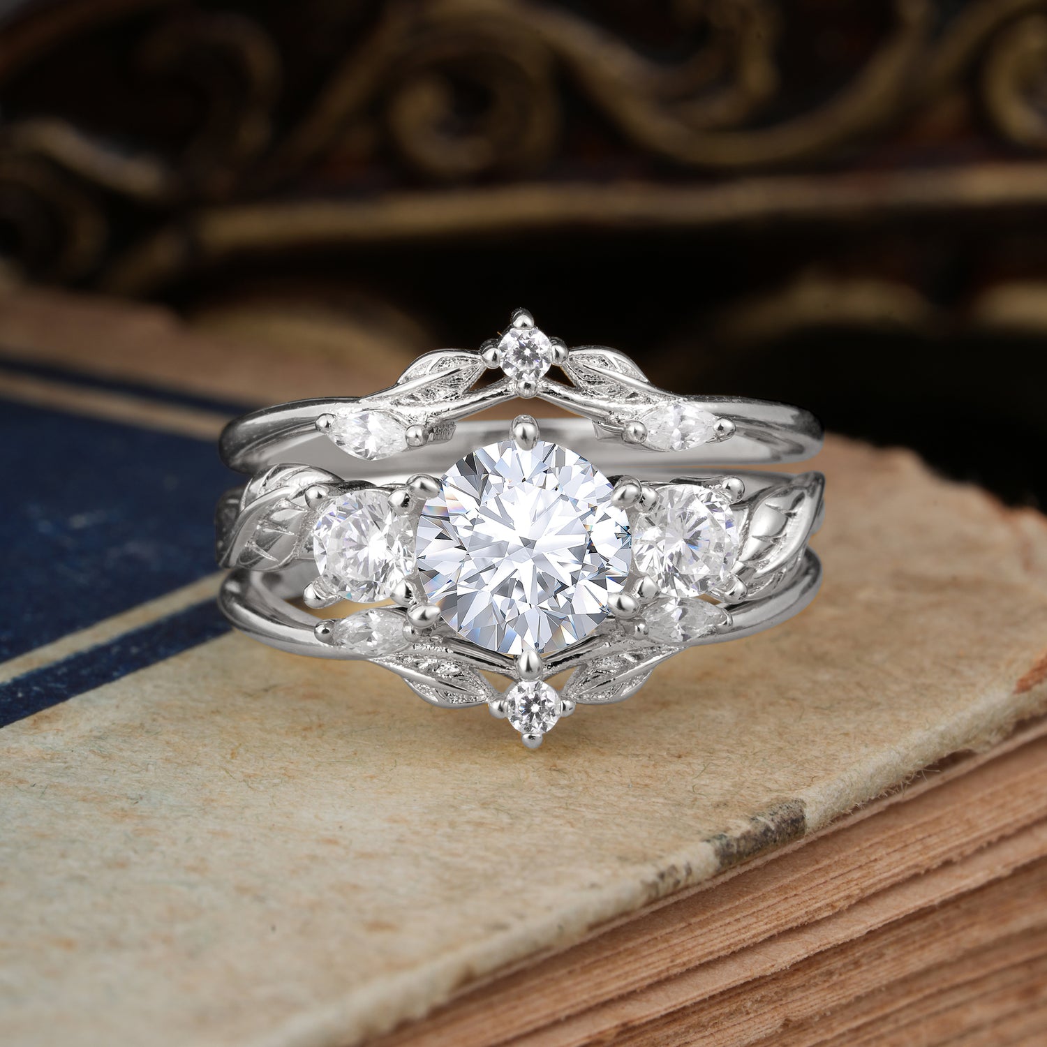 Natural Inspiration Luxury Botanical Round Cut Moissanite Engagement Ring Suite