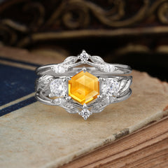 Natural Inspiration Luxury Botanical Hexagon Cut Citrine Engagement Ring Suite