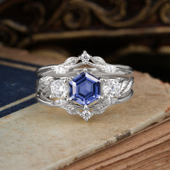 Natural Inspiration Luxury Botanical Hexagon Cut Tanzanite Engagement Ring Suite