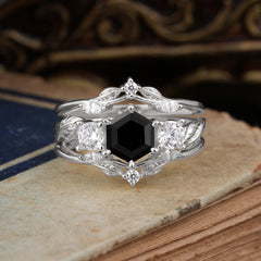 Natural Inspiration Luxury Botanical Hexagon Cut Black Onyx Engagement Ring Suite