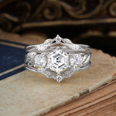 Natural Inspiration Luxury Botanical Hexagon Cut Lab Diamond Engagement Ring Suite