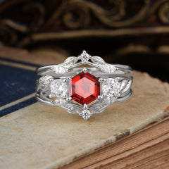 Natural Inspiration Luxury Botanical Hexagon Cut Garnet Engagement Ring Suite