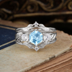 Natural Inspiration Luxury Botanical Hexagon Cut Aquamarine Engagement Ring Suite
