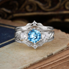 Natural Inspiration Luxury Botanical Hexagon Cut Aquamarine Engagement Ring Suite