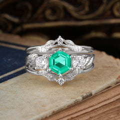 Natural Inspiration Luxury Botanical Hexagon Cut Emerald Engagement Ring Suite