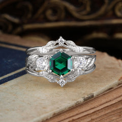 Natural Inspiration Luxury Botanical Hexagon Cut Emerald Engagement Ring Suite