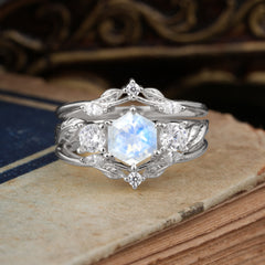 Natural Inspiration Luxury Botanical Hexagon Cut Moonstone Engagement Ring Suite