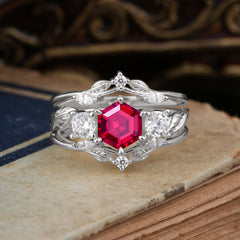 Natural Inspiration Luxury Botanical Hexagon Cut Ruby Engagement Ring Suite