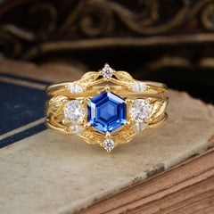 Natural Inspiration Luxury Botanical Hexagon Cut Sapphire Engagement Ring Suite