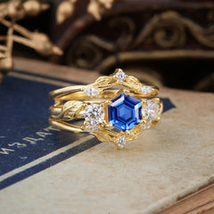 Natural Inspiration Luxury Botanical Hexagon Cut Sapphire Engagement Ring Suite