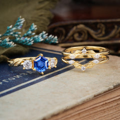Natural Inspiration Luxury Botanical Hexagon Cut Sapphire Engagement Ring Suite