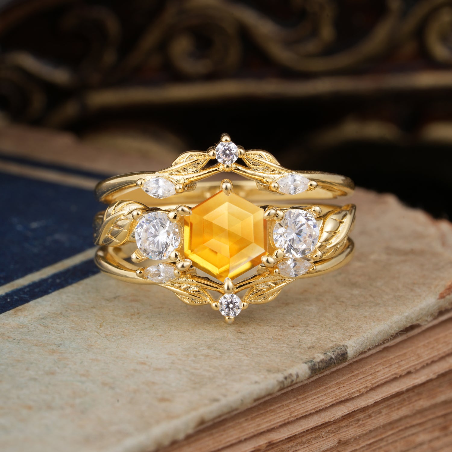 Natural Inspiration Luxury Botanical Hexagon Cut Citrine Bridal Ring Set