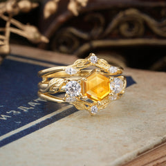 Natural Inspiration Luxury Botanical Hexagon Cut Citrine Engagement Ring Suite