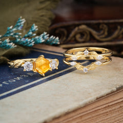 Natural Inspiration Luxury Botanical Hexagon Cut Citrine Engagement Ring Suite